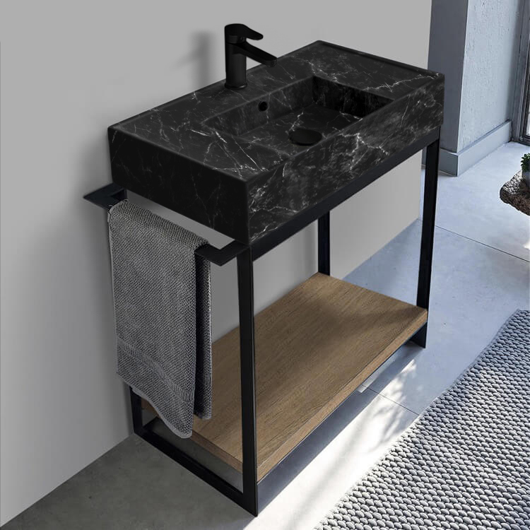 Scarabeo 5123-G-SOL2-89 Console Sink Vanity With Black Marble Design Sink and Natural Brown Oak Shelf, 35 Inch